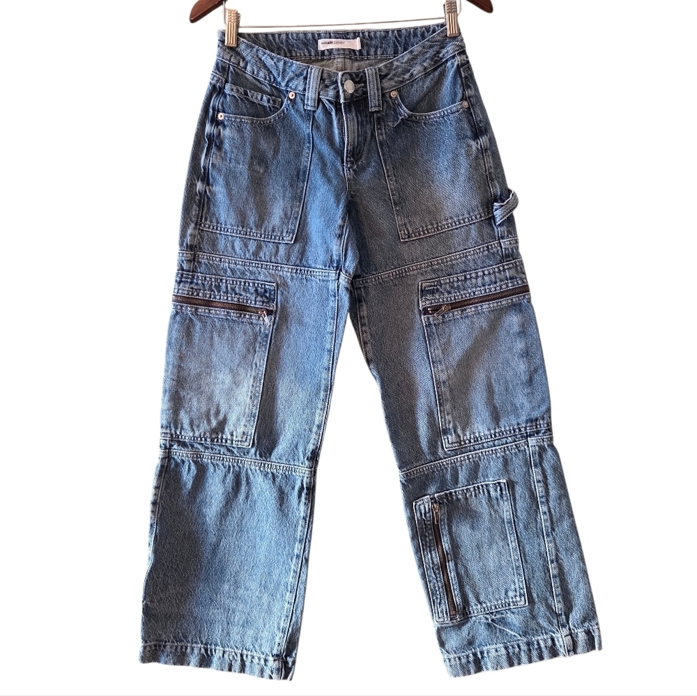 Garage Women's Jeans Size 24 Blue Cotton Denim Cargo Pants Wide Leg Y2K - Picture 2 of 14